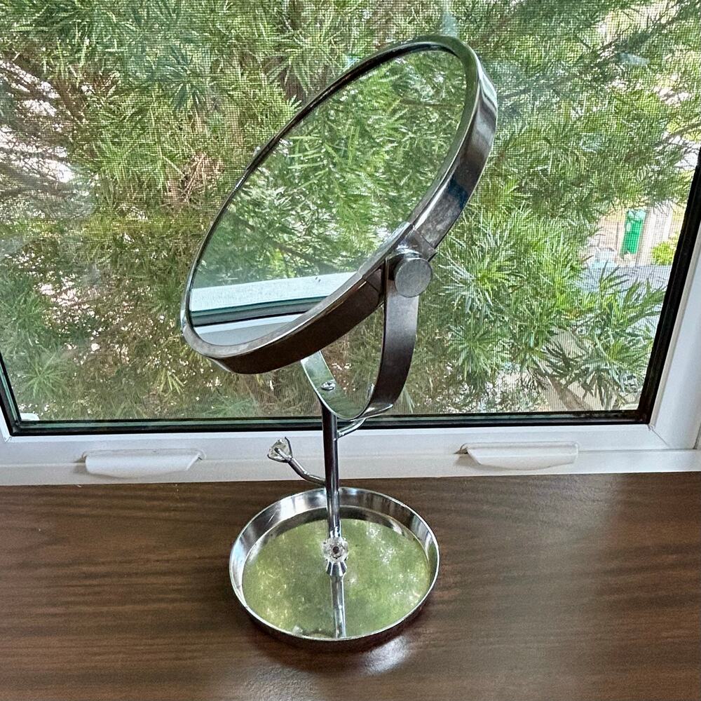 Vintage Chrome Vanity Mirror with Rhinestone Accents and Jewelry Tray – 11”